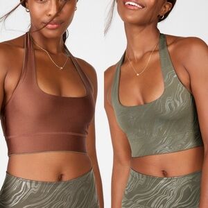 NEW Fabletics Sports Bra XL Harlow Halter Reversible Dark Green & Brown Crop Top